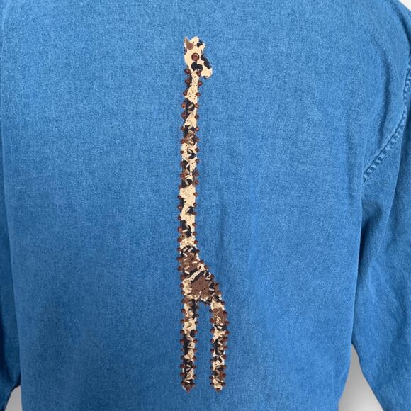 Vintage 90s Chambray Medium Wash Denim Shirt Jacket Giraffe Animal Beaded Safari - Picture 6 of 12